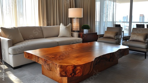 Elegant Living Room with Unique Wooden Coffee Table and Neutral Decor.