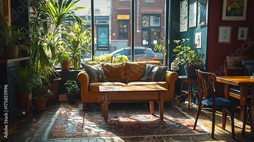 Cozy sunlit coffee shop interior with vintage furniture and lush green plants.