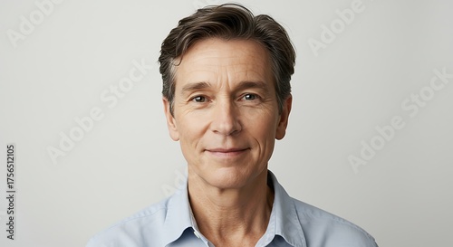 Confident middle-aged man smiling gently, embodying maturity and approachability against a clean background