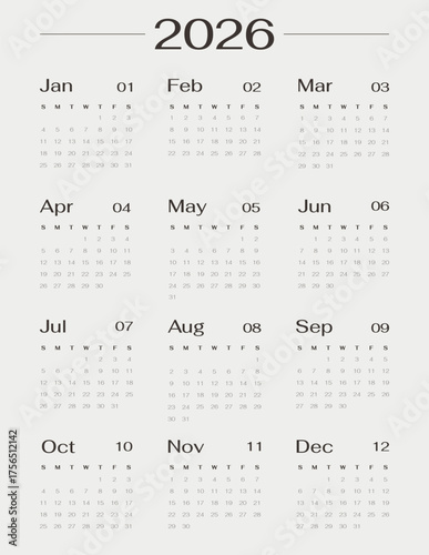 Minimalist English 2026 year calendar template single vertical page with 12 month. Layout yearly planner week starts on sunday with elegant typography