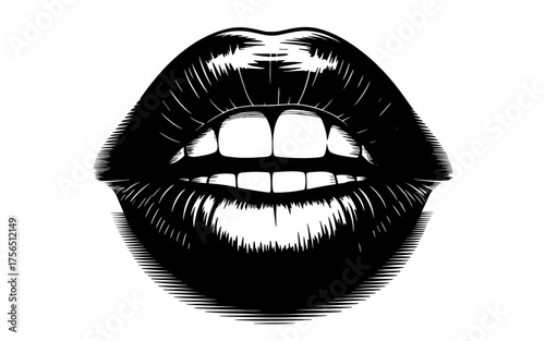 Detailed black and white vector illustration of lips with visible teeth in vintage engraving, symbolizing beauty, sensuality, and expression.