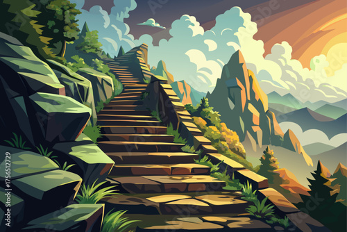 vector of Steep stone steps bravely climb through the thick mountain mist, symbolizing a challenging climb and the spirit of perseverance.