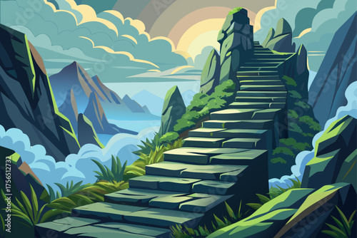 vector of Steep stone steps bravely climb through the thick mountain mist, symbolizing a challenging climb and the spirit of perseverance.