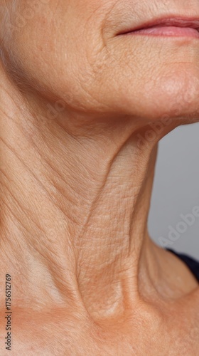 Mature woman showing prominent wrinkles and platysmal bands on her neck, representing the natural aspects of aging skin and the process of chronological skin changes