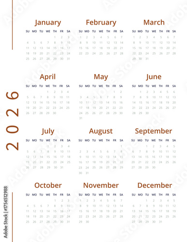 Minimalist English 2026 year calendar template single vertical page with 12 month. Layout yearly planner week starts on sunday with elegant typography