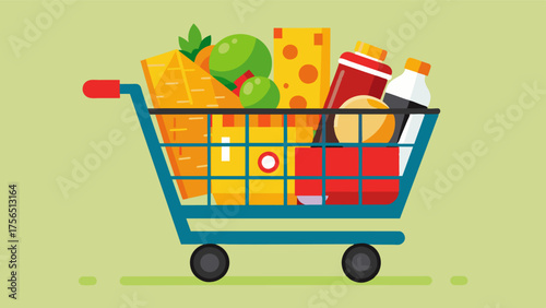 A bundle of fatfree flavorless food items in a grocery store cart indicating the desperate measures someone is willing to take to lose weight.. Vector illustration