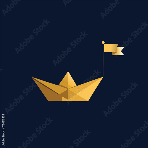 Golden Origami Paper Boat With Flag on Dark Blue Background