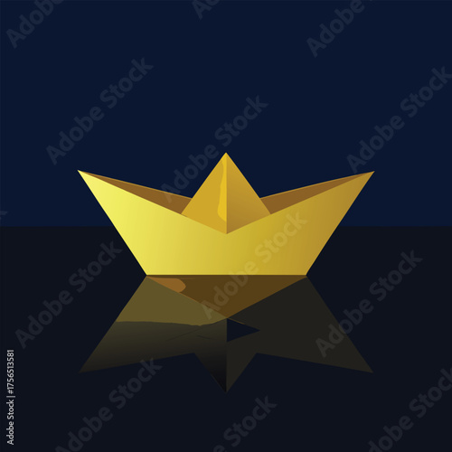 Golden paper boat floating on dark water with reflection