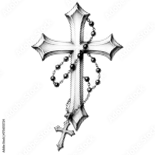 Holy cross with beads vintage y2k halftone art, religious stipple brutalist retro vector png with transparent background, faith 2000s aesthetic photocopy effect tattoo