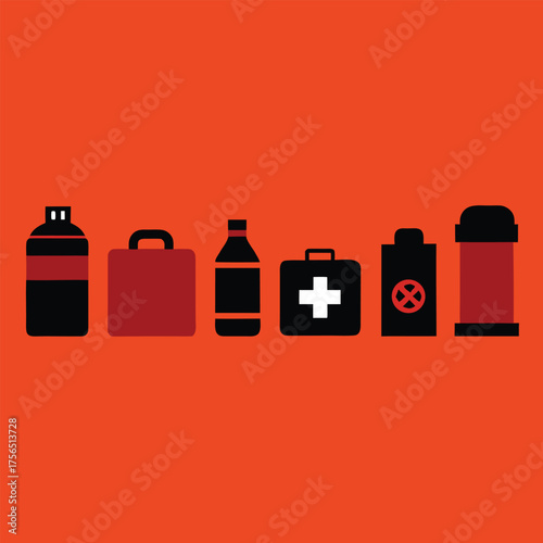 Collection of black and red safety and medical icons on orange background