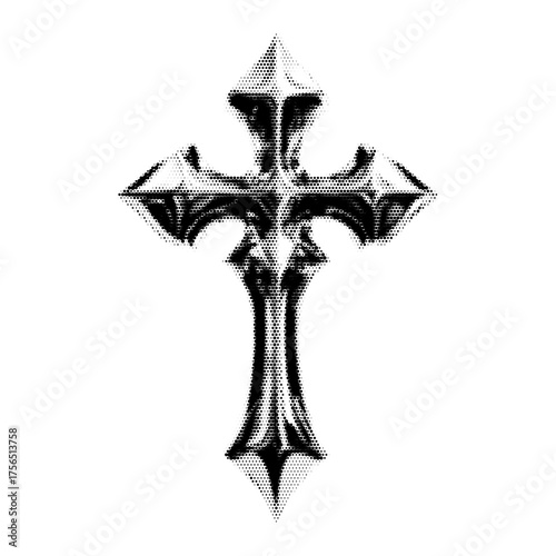 Holy Cross vintage y2k halftone art, holy cross halftone stipple brutalist retro vector png with transparent background, bloom 2000s aesthetic photocopy effect tattoo