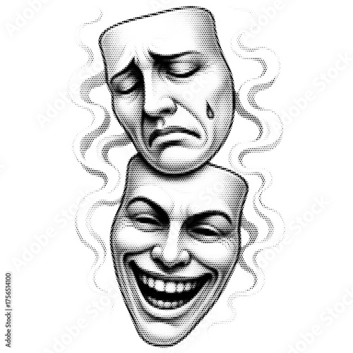 Sad Happy Mask vintage y2k halftone art, sad happy mask halftone stipple brutalist retro vector png with transparent background, bloom 2000s aesthetic photocopy effect tattoo