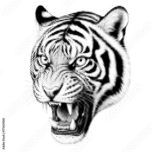 Tiger Head vintage y2k halftone art, tiger head halftone stipple brutalist retro vector png with transparent background, bloom 2000s aesthetic photocopy effect tattoo