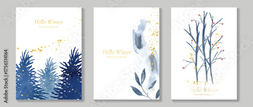 Luxury watercolor hello winter background vector illustration with gold trees and elegant decoration cards