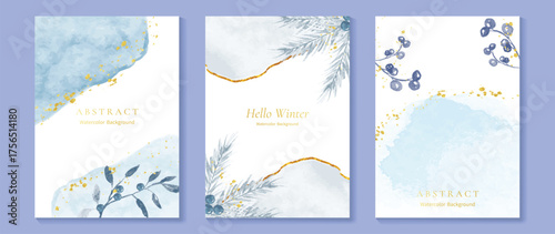 Luxury watercolor hello winter background vector illustration with gold trees and elegant decoration cards