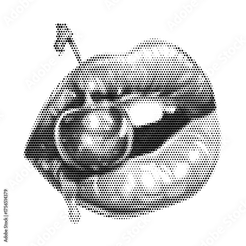Lips with Cherry Vintage Y2K Stipple Art, Sensual Halftone Brutalist Retro Vector PNG with Transparent Background, Sweet 2000s Aesthetic Photocopy Effect Tattoo
