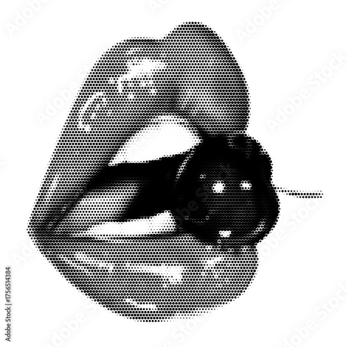 Lips with Cherry Vintage Y2K Stipple Art, Sensual Halftone Brutalist Retro Vector PNG with Transparent Background, Sweet 2000s Aesthetic Photocopy Effect Tattoo