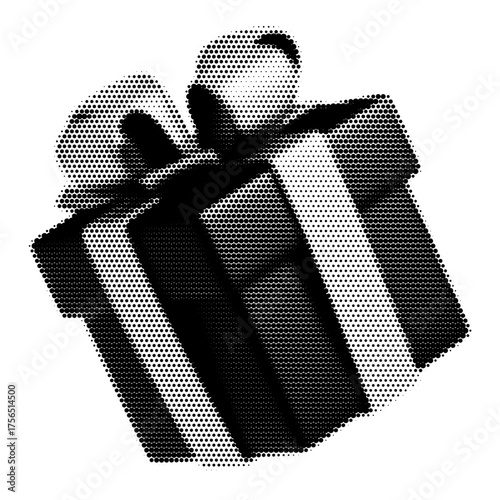 Gift Box Vintage Y2K Stipple Art, Present Halftone Brutalist Retro Vector PNG with Transparent Background, Celebration 2000s Aesthetic Photocopy Effect Tattoo