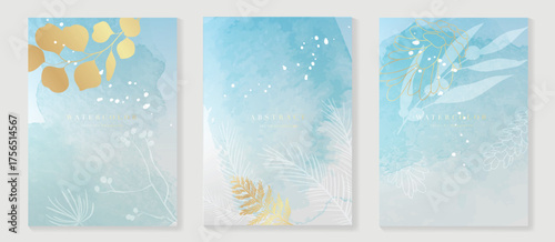 Elegant luxury watercolor winter art background vector illustration with gold snowflakes and Christmas floral decoration card