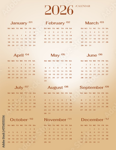 2026 year calendar template vertical single page of 12 month in gradient design. English planner week starts on Sunday 