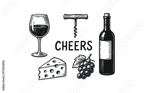 Wine and cheese celebration icons for culinary branding