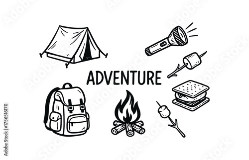 Outdoor camping adventure icons for travel and exploration design