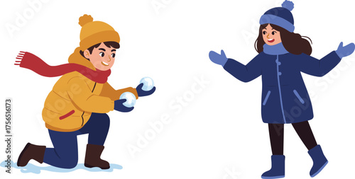 Cartoon boy kneeling with snowballs, girl in winter coat smiling, children playing snow, fun cold weather activity, happy holiday illustration.