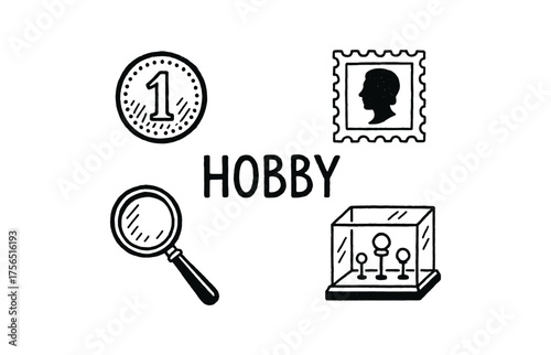 Hobby collection icons for leisure activities and collectibles enthusiasts