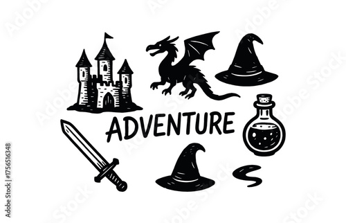 Fantasy adventure icons for game design and storytelling projects