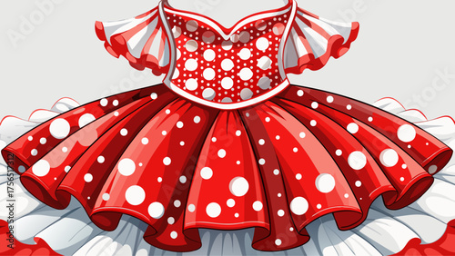 Very beautiful white and red polka dot bodice paired with red tulle skirt, highlighted in a close-up, creating a playful, festive, and stylish outfit perfect for cheerful vector illustrations.