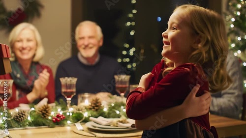 Elderly caucasian man festive sweater gives red gift to young caucasian girl red dress, embracing him joyfully. Family in festive background, warm light. Festive celebration.