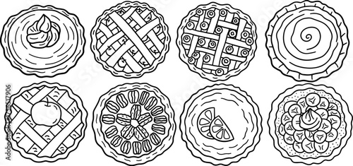 Black and white doodle pie illustrations in line art style with fruit, cream, and crust details, ideal for coloring pages, food packaging, recipe books, and baking themed designs.