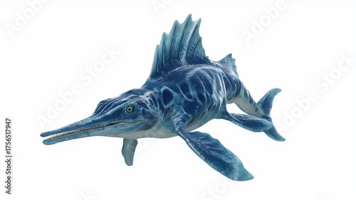 Detailed Blue Ichthyosaur Model Isolated on White Background.