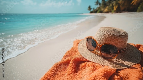 Beach Bliss - Hat and Sunglasses on Sandy Shore with Turquoise Water.