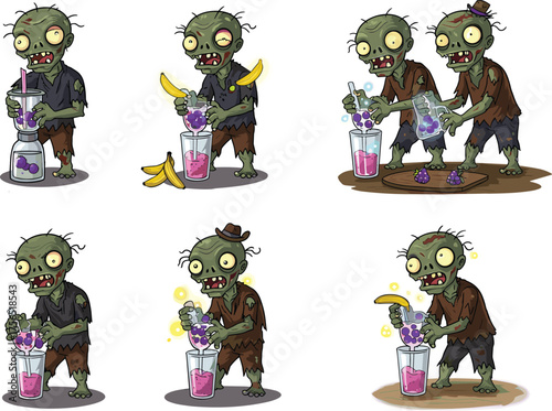 Funny cartoon zombie characters making fruit juice smoothie, Halloween illustration, undead monster art, spooky drink preparation, creepy comic style design