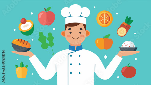 A chef showcasing a variety of healthy meal ideas proving that healthy eating can be both delicious and enjoyable.. Vector illustration