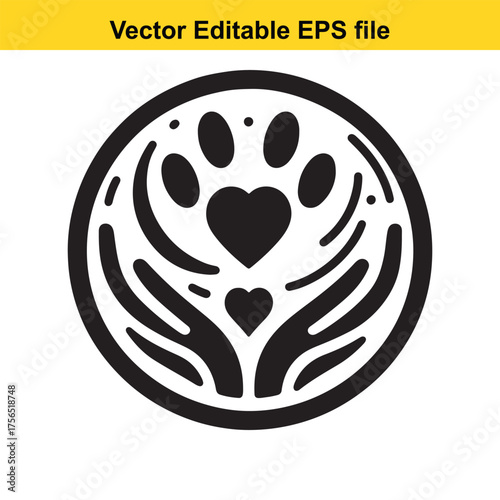  vector art of vector illustration of a paw print with a heart inside, surrounded by hands, symbolizing animal care and love