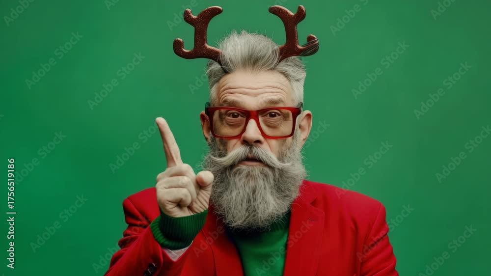 A man dressed as Santa Claus points to the right side of his face. He is wearing red and green holiday attire.