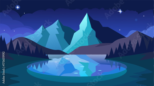 A magical alpine lake its glasslike surface reflecting the stars and surrounding mountains at night.
