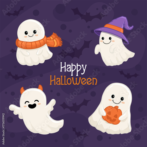 set of cute halloween ghosts on purple background. Collection ghost in flat style. Vector illustration