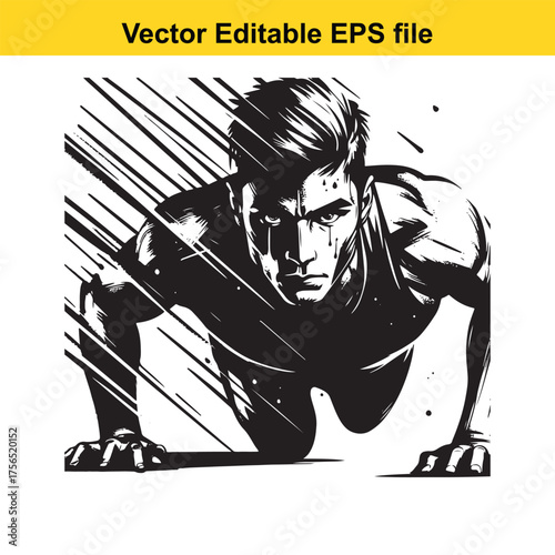 vector art of dynamic black and white illustration of a determined man doing pushups, conveying strength and fitness