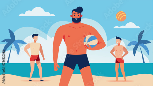 A beach volleyball league for men of all ages and body types promoting a healthy and active lifestyle while breaking down traditional standards of male attractiveness.. Vector illustration