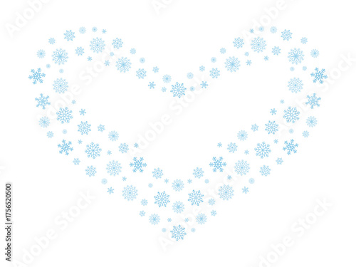 Heart shape made of blue snowflakes. Romantic frosty decoration, perfect for winter holidays, wedding, love-themed cards and creative projects