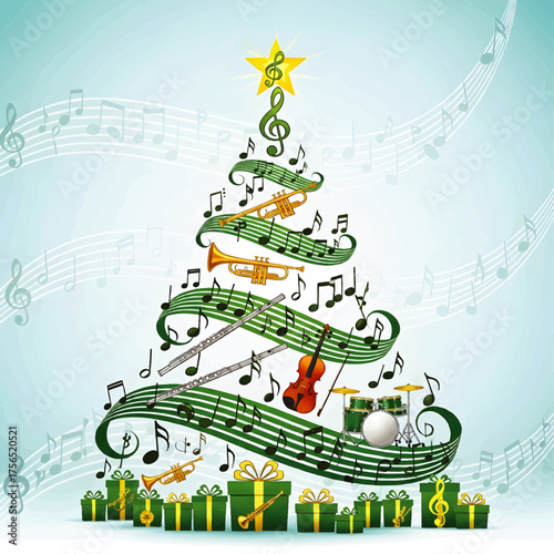 A Christmas tree formed from musical notes, instruments, and a star, with gifts arranged at the base.