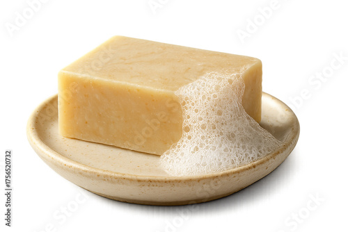 Artisan Soap Bar on Ceramic Dish with Foam Bubbles, Realistic Lighting, Transparent Background
