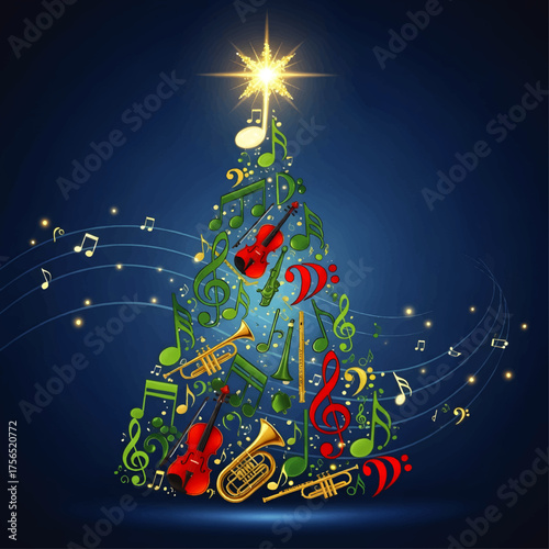 A festive Christmas tree composed of musical notes and instruments, illuminated by a star.