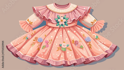 Very beautiful pastel pink dress with ruffled sleeves and floral embroidery, soft tulle layers, creating a dreamy, stylish, and playful outfit for children, perfect for vector and illustration composi