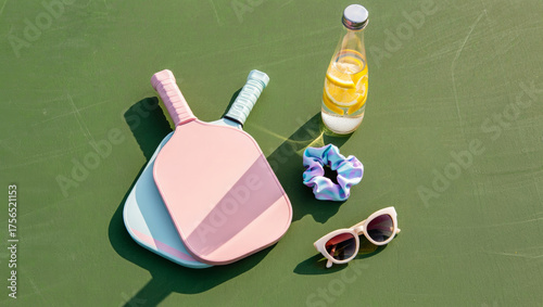 Pickleball paddles, sunglasses, and a refreshing bottle of water with lemon slices reflecting summer sun on a green court, representing active lifestyle, leisure, and wellness