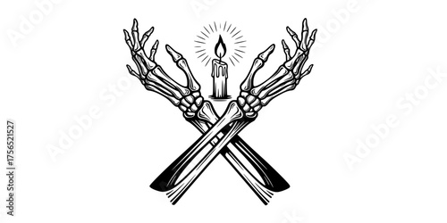 Elegant Skeletal Hands Holding Burning Candle Flat Vector Illustration