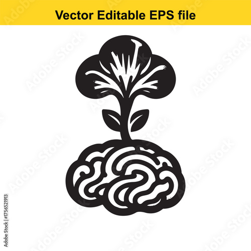  vector art of a conceptual black and white illustration of a plant growing from a brain shape, symbolizing growth of ideas